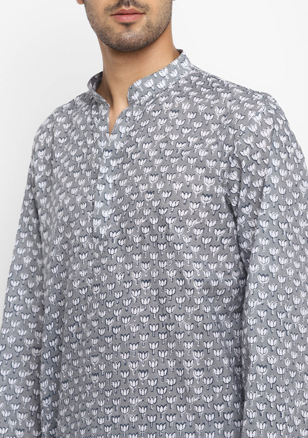 Grey Black Floral Hand Block Printed Cotton Shirt and Pyjamas For Men - unidra.myshopify.com