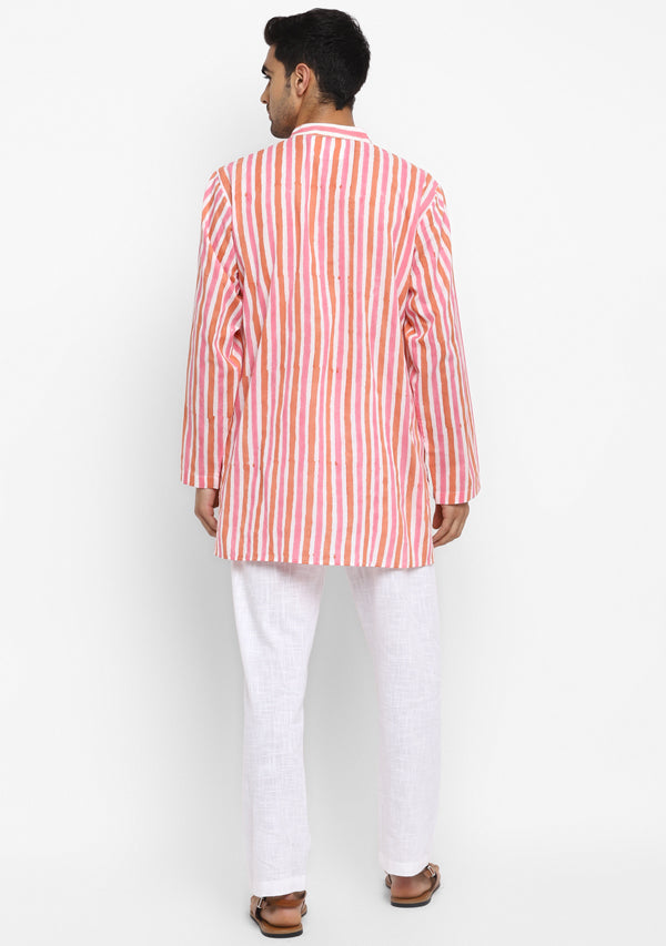 Pink Peach Hand Block Printed Stripes Cotton Shirt and Pyjamas For Men - unidra.myshopify.com