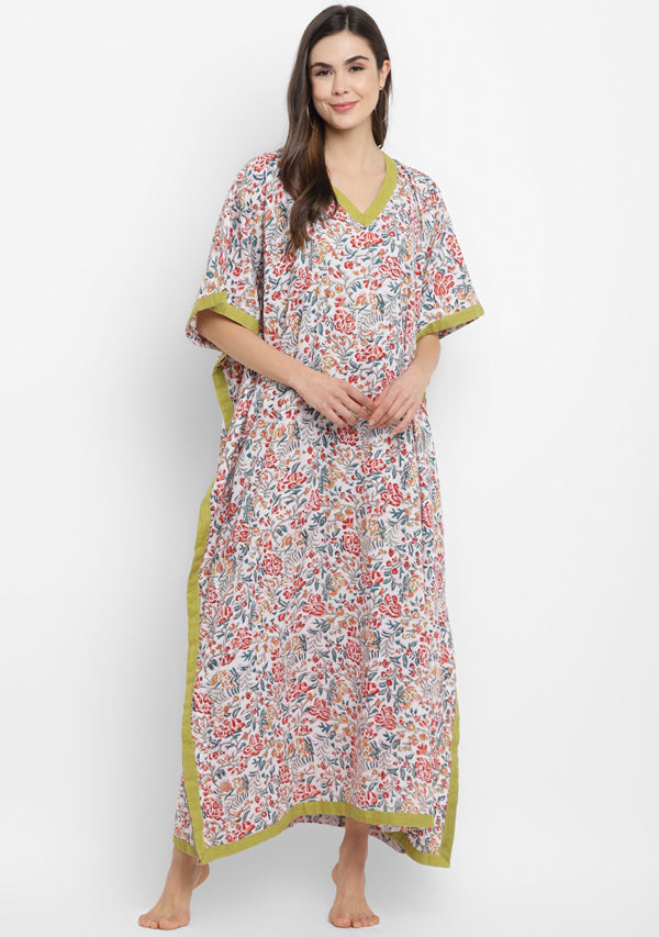 White Multicolour Hand Block Floral Printed V-Neck Cotton Kaftan
