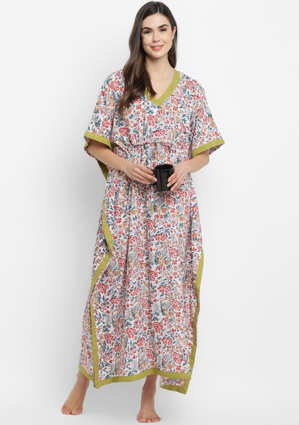 White Multicolour Hand Block Floral Printed Tie-Up Waist Cotton Kaftan - unidra.myshopify.com
