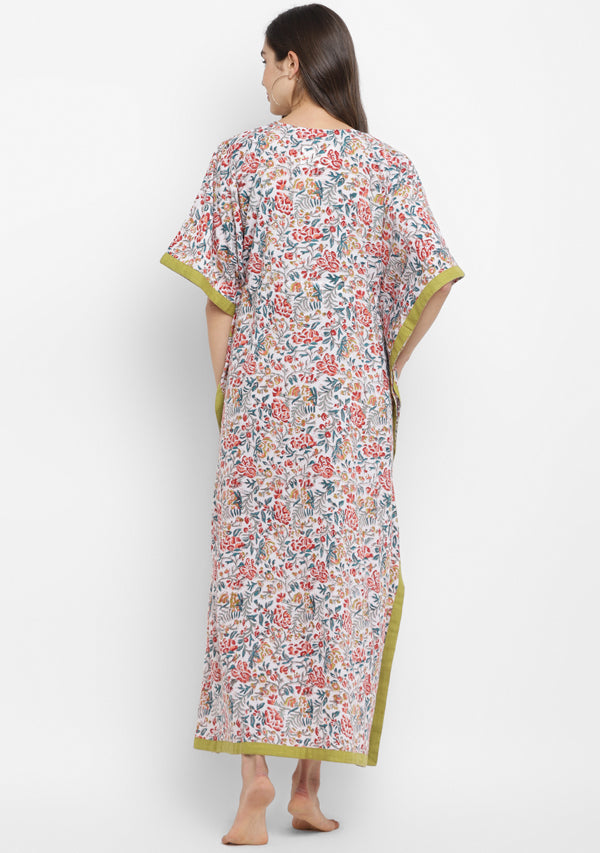 White Multicolour Hand Block Floral Printed Tie-Up Waist Cotton Kaftan - unidra.myshopify.com