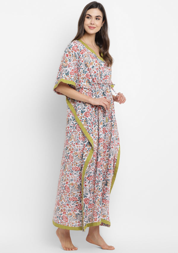White Multicolour Hand Block Floral Printed Tie-Up Waist Cotton Kaftan - unidra.myshopify.com