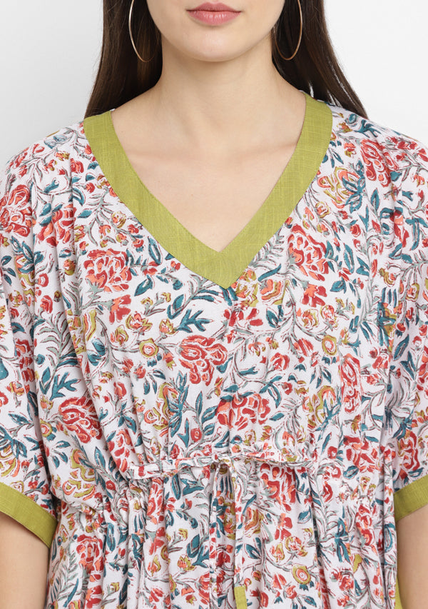 White Multicolour Hand Block Floral Printed Tie-Up Waist Cotton Kaftan - unidra.myshopify.com