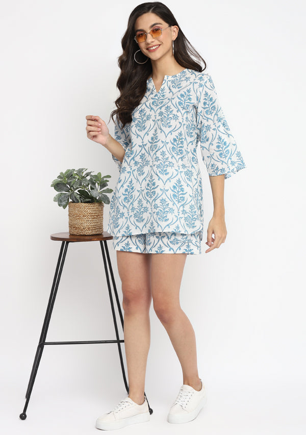 White Smoke Blue Hand Block Mughal Printed Cotton Shorts with Top