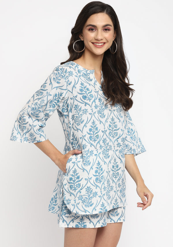 White Smoke Blue Hand Block Mughal Printed Cotton Shorts with Top
