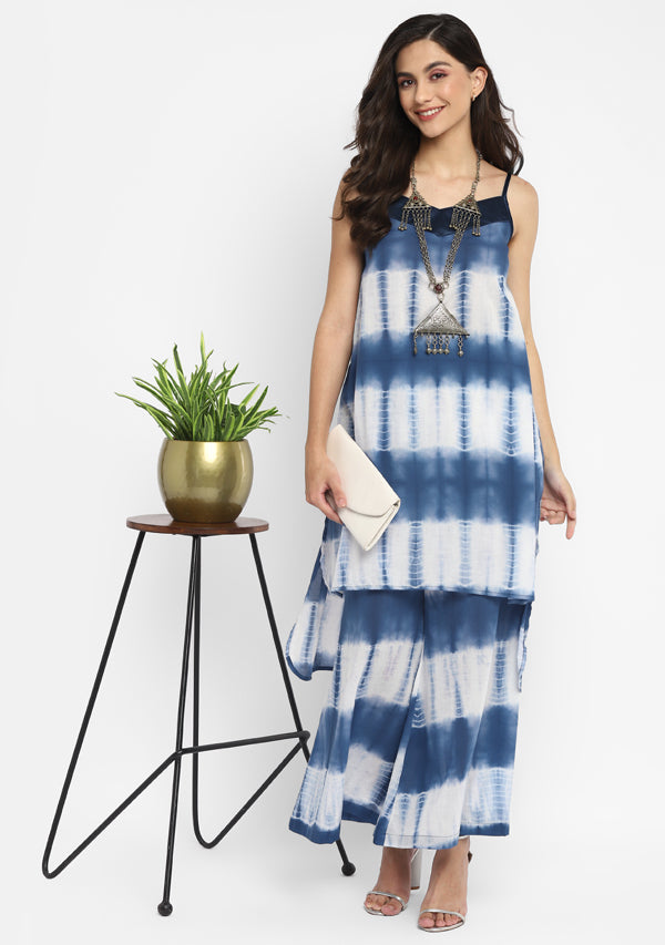 White Blue Tie and Dye Tunic with Satin Straps paired with Matching Pants
