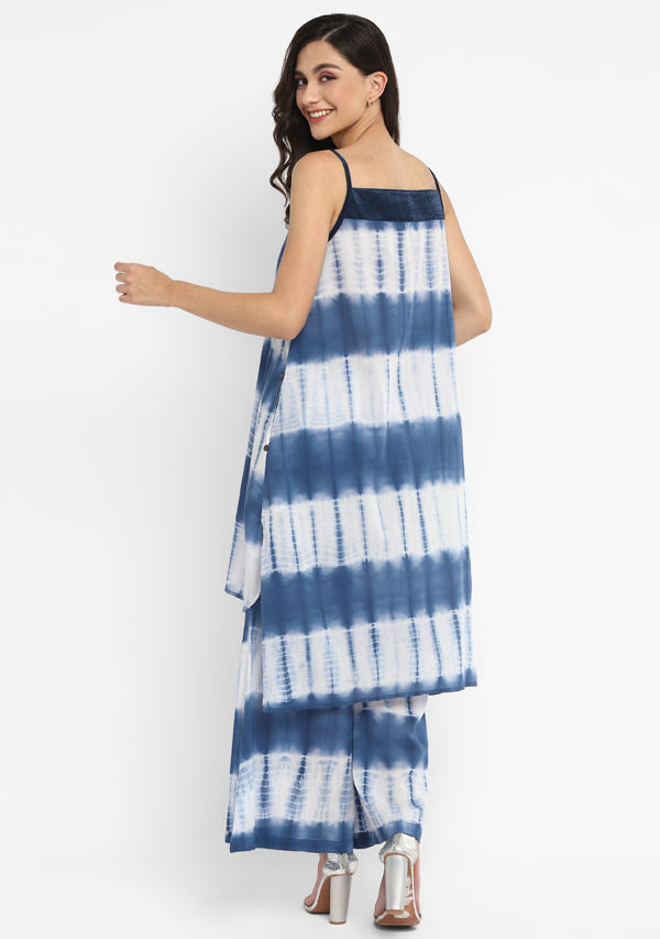 White Blue Tie and Dye Tunic with Satin Straps paired with Matching Pants