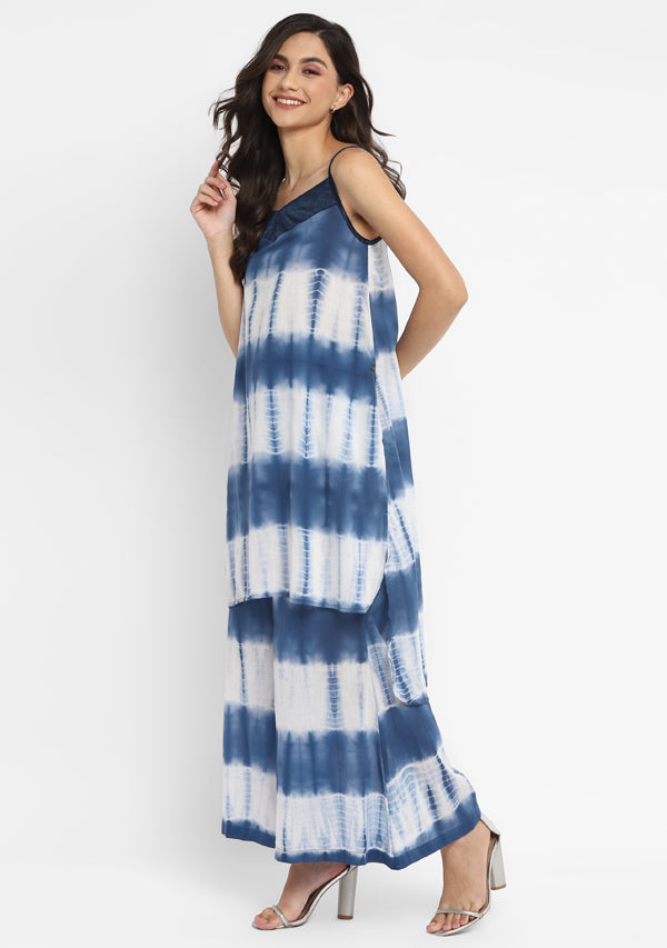White Blue Tie and Dye Tunic with Satin Straps paired with Matching Pants