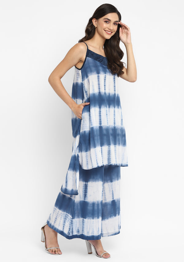 White Blue Tie and Dye Tunic with Satin Straps paired with Matching Pants