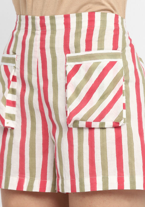 Green Red Hand Block Striped Printed Cotton Shorts with Top