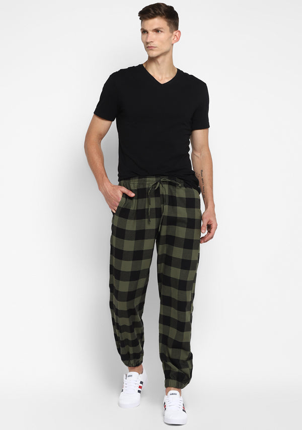 Flannel Green Black Checked Jogger Pants For Men