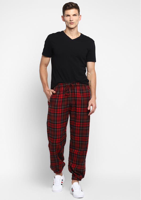 Flannel Red Black Checked Jogger Pants For Men
