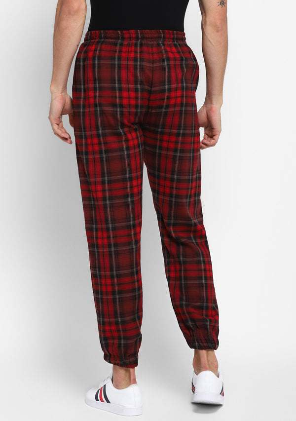 Flannel Red Black Checked Jogger Pants For Men