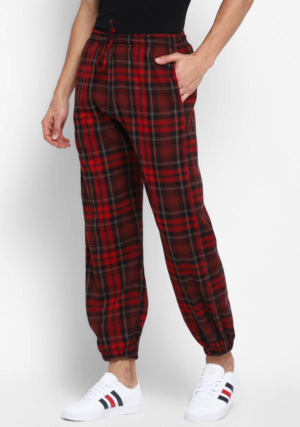 Flannel Red Black Checked Jogger Pants For Men
