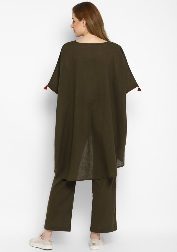 Military Green Asymmetric Cotton Tunic ( Only Top )