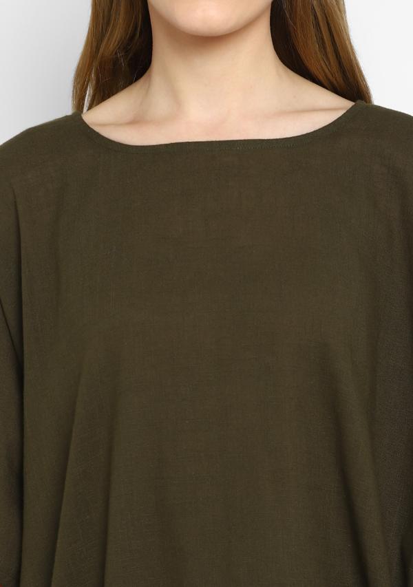 Military Green Asymmetric Cotton Tunic ( Only Top )