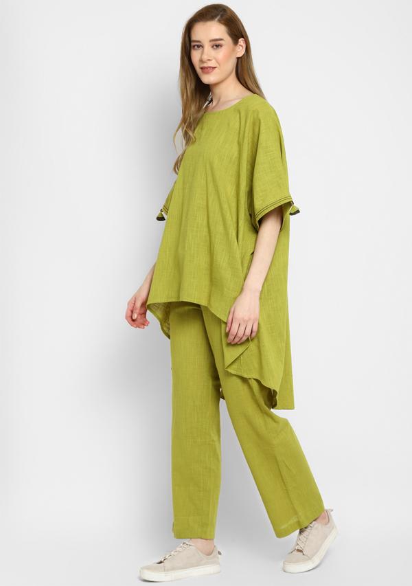 Olive Green Asymmetric Cotton Tunic ( Only Top )