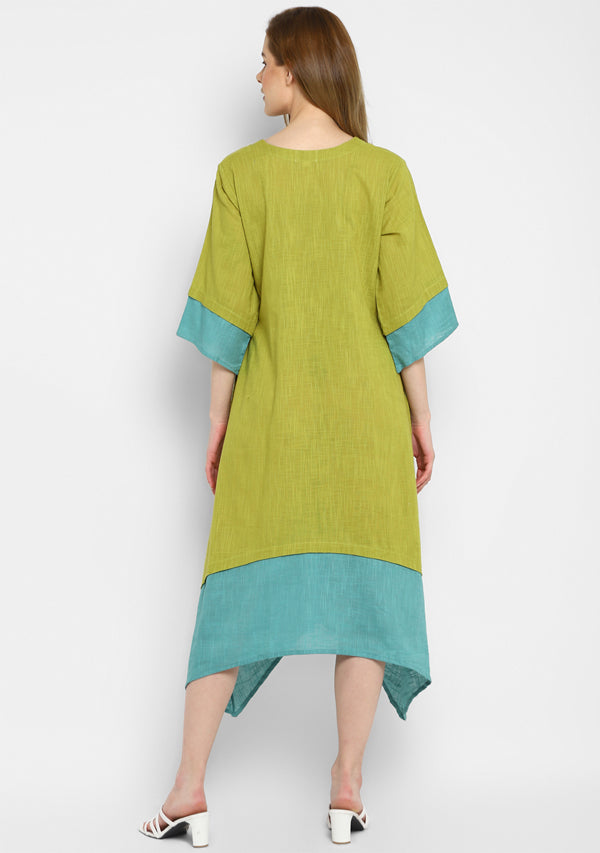 Olive Green And Aqua Layered Side Tail Cotton Dress