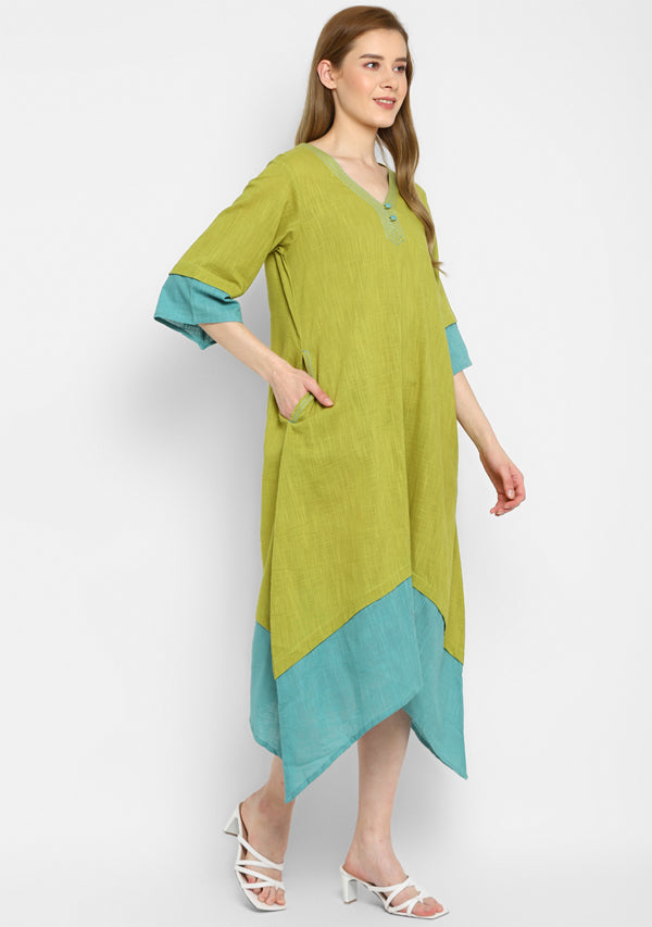 Olive Green And Aqua Layered Side Tail Cotton Dress
