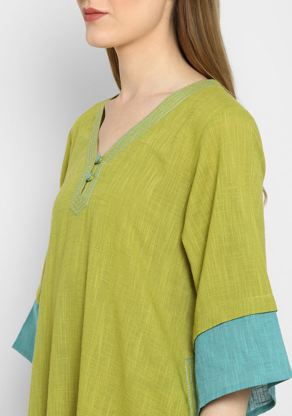 Olive Green And Aqua Layered Side Tail Cotton Dress
