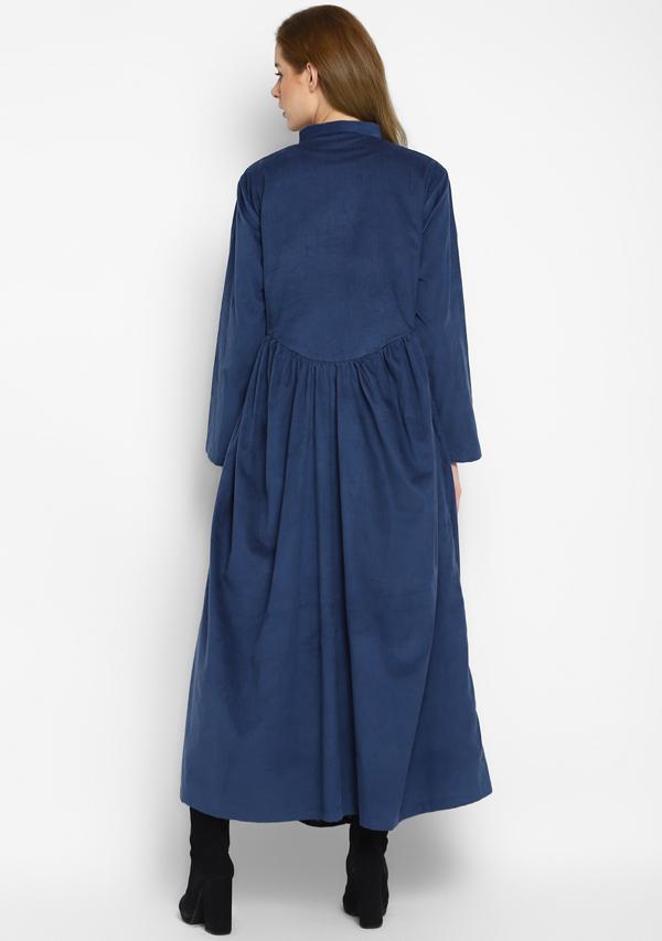 Corduroy Navy Blue Long Dress With Buttons