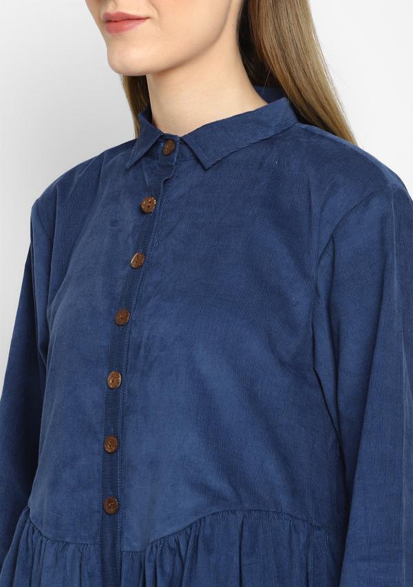 Corduroy Navy Blue Long Dress With Buttons