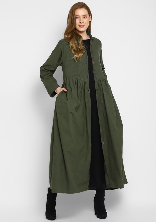 Corduroy Military Green Long Dress With Buttons