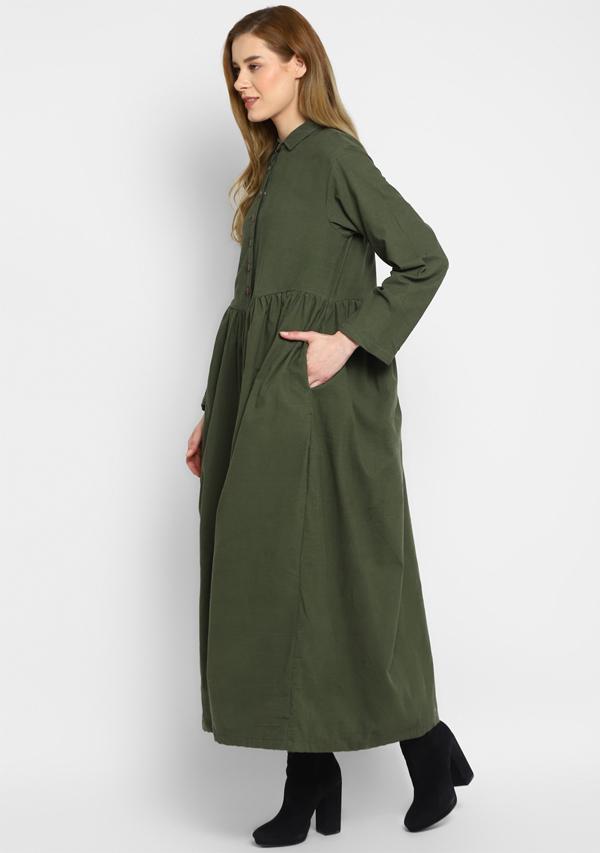 Corduroy Military Green Long Dress With Buttons