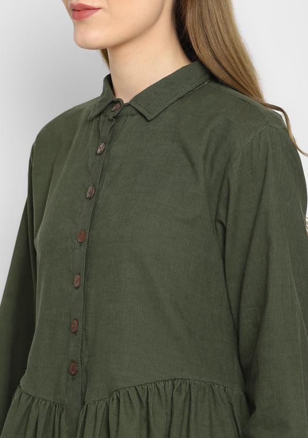 Corduroy Military Green Long Dress With Buttons
