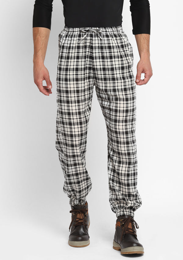 Flannel Black White Checked Jogger Pants For Men