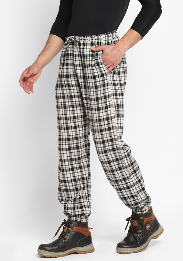 Flannel Black White Checked Jogger Pants For Men