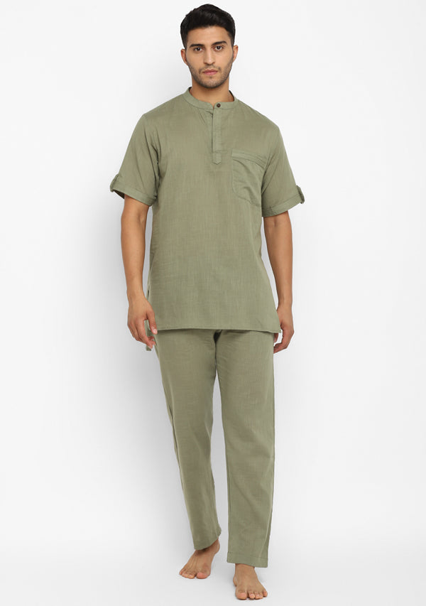Pista Green Cotton Short Sleeves Shirt And Pyjamas For Men