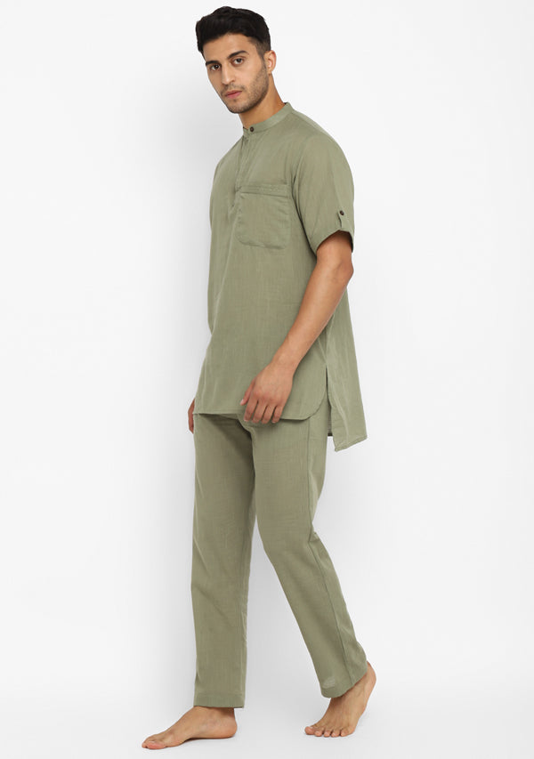 Pista Green Cotton Short Sleeves Shirt And Pyjamas For Men
