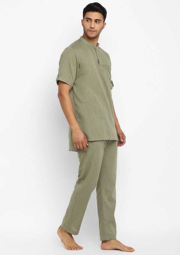 Pista Green Cotton Short Sleeves Shirt And Pyjamas For Men