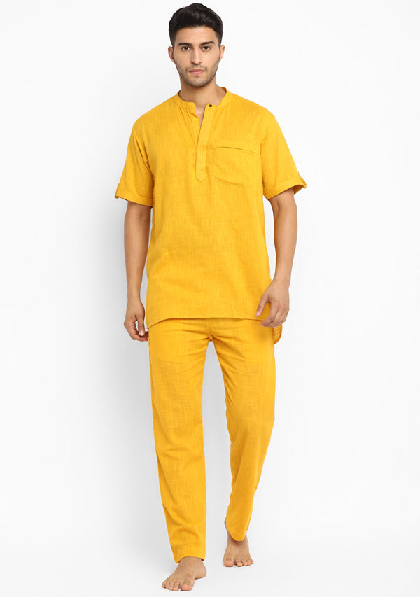Yellow  Cotton Short Sleeves Shirt And Pyjamas For Men
