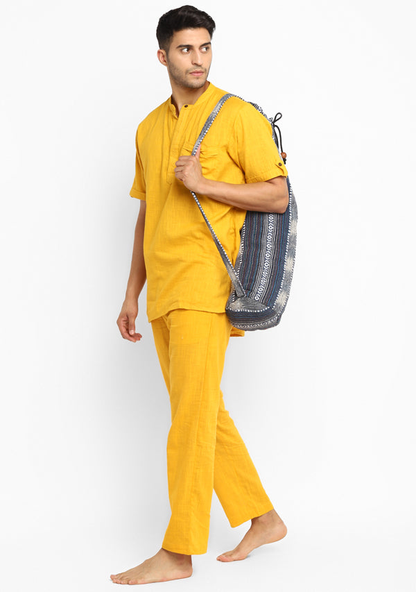 Yellow  Cotton Short Sleeves Shirt And Pyjamas For Men