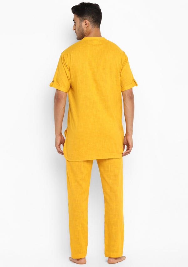 Yellow  Cotton Short Sleeves Shirt And Pyjamas For Men