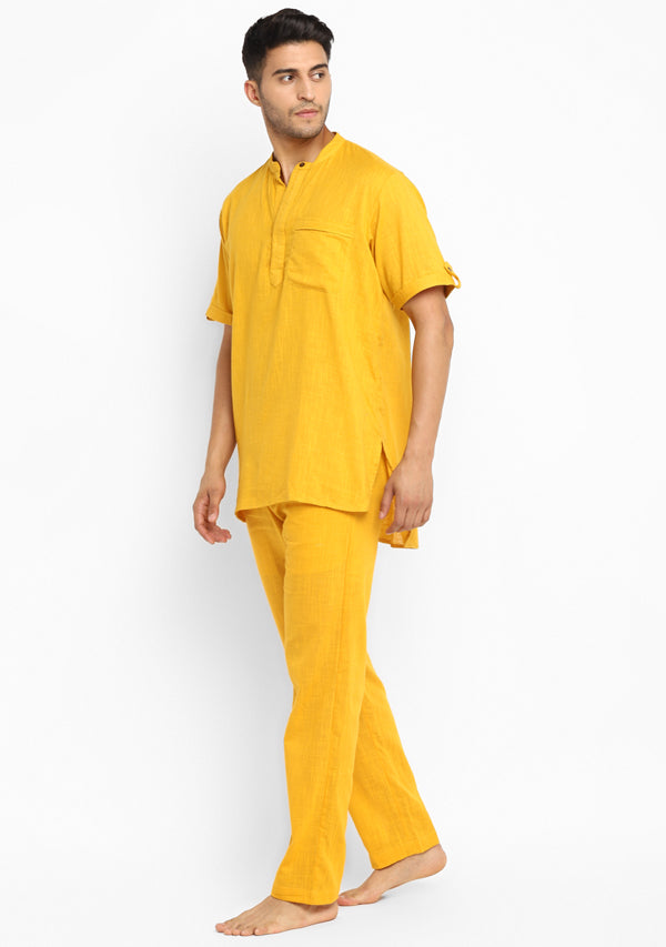 Yellow  Cotton Short Sleeves Shirt And Pyjamas For Men
