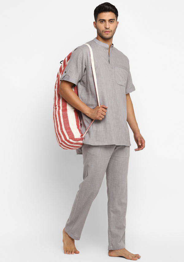Light Grey Cotton Short Sleeves Shirt And Pyjamas For Men