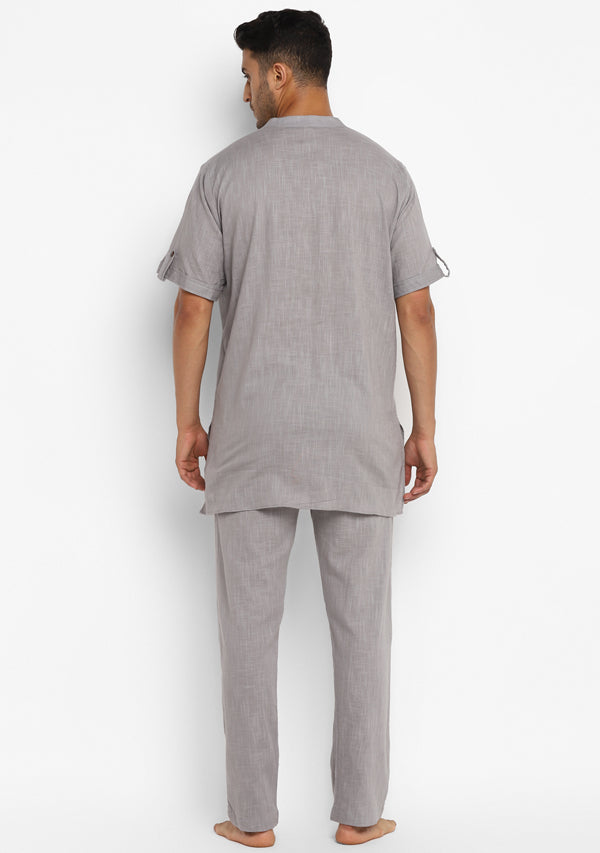 Light Grey Cotton Short Sleeves Shirt And Pyjamas For Men