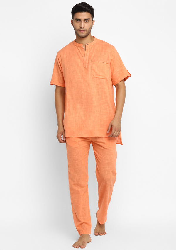 Peach Cotton Short Sleeves Shirt And Pyjamas For Men