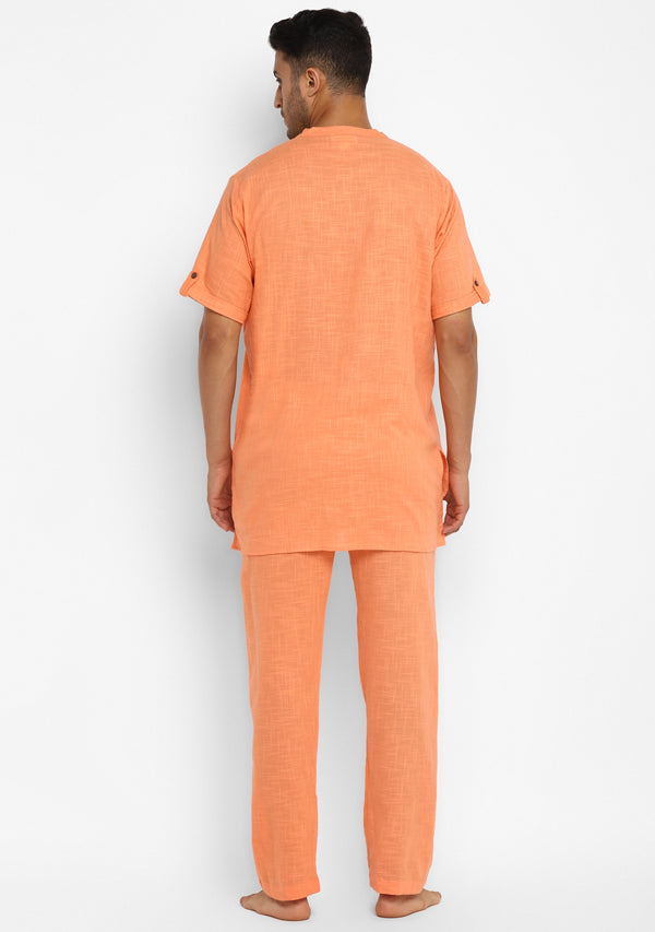Peach Cotton Short Sleeves Shirt And Pyjamas For Men