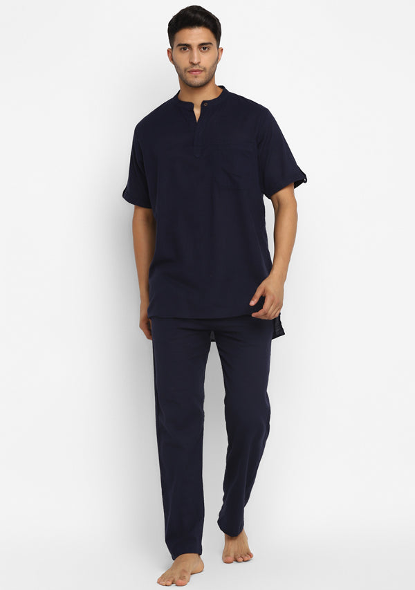 Navy Blue Cotton Short Sleeves Shirt And Pyjamas For Men