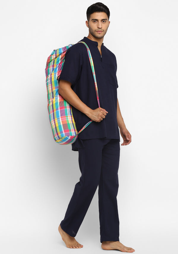 Navy Blue Cotton Short Sleeves Shirt And Pyjamas For Men