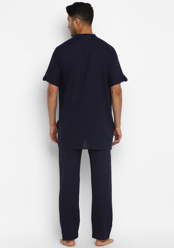 Navy Blue Cotton Short Sleeves Shirt And Pyjamas For Men