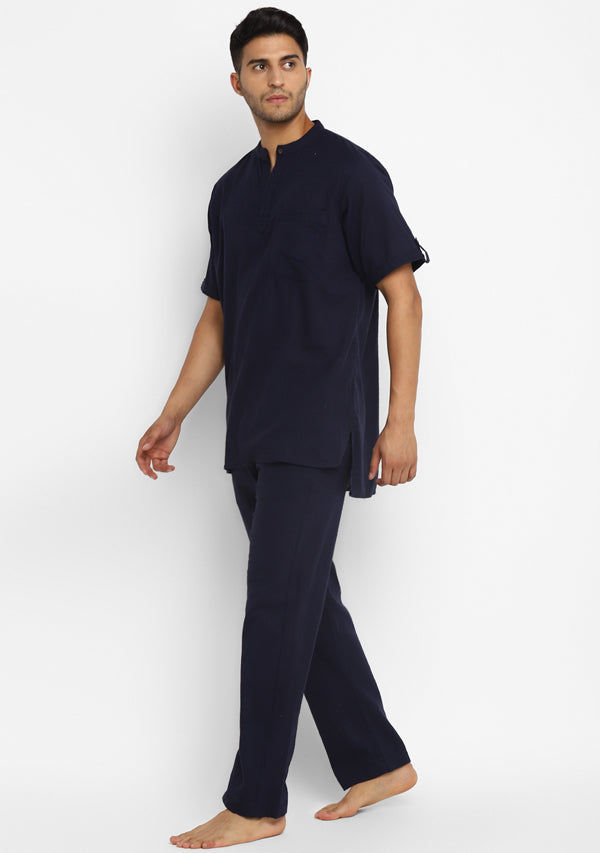 Navy Blue Cotton Short Sleeves Shirt And Pyjamas For Men