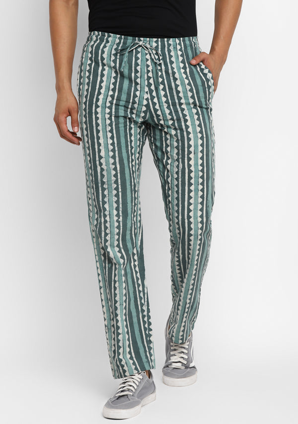 Aqua Green Hand Block Printed Cotton Lounge Pants For Men