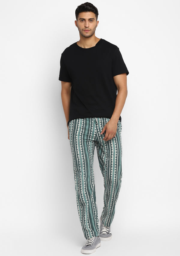 Aqua Green Hand Block Printed Cotton Lounge Pants For Men