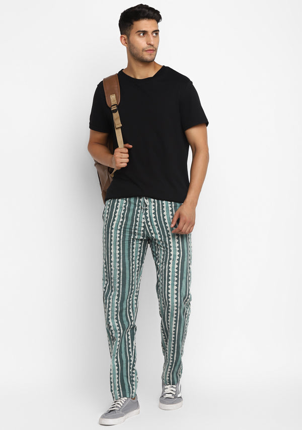 Aqua Green Hand Block Printed Cotton Lounge Pants For Men