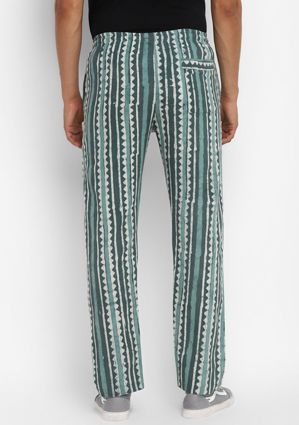 Aqua Green Hand Block Printed Cotton Lounge Pants For Men